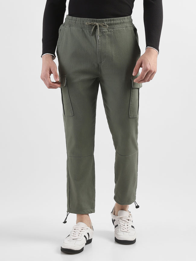 Men Olive Cotton Polyester Cargo Pants with Adjustable Bottom Hem