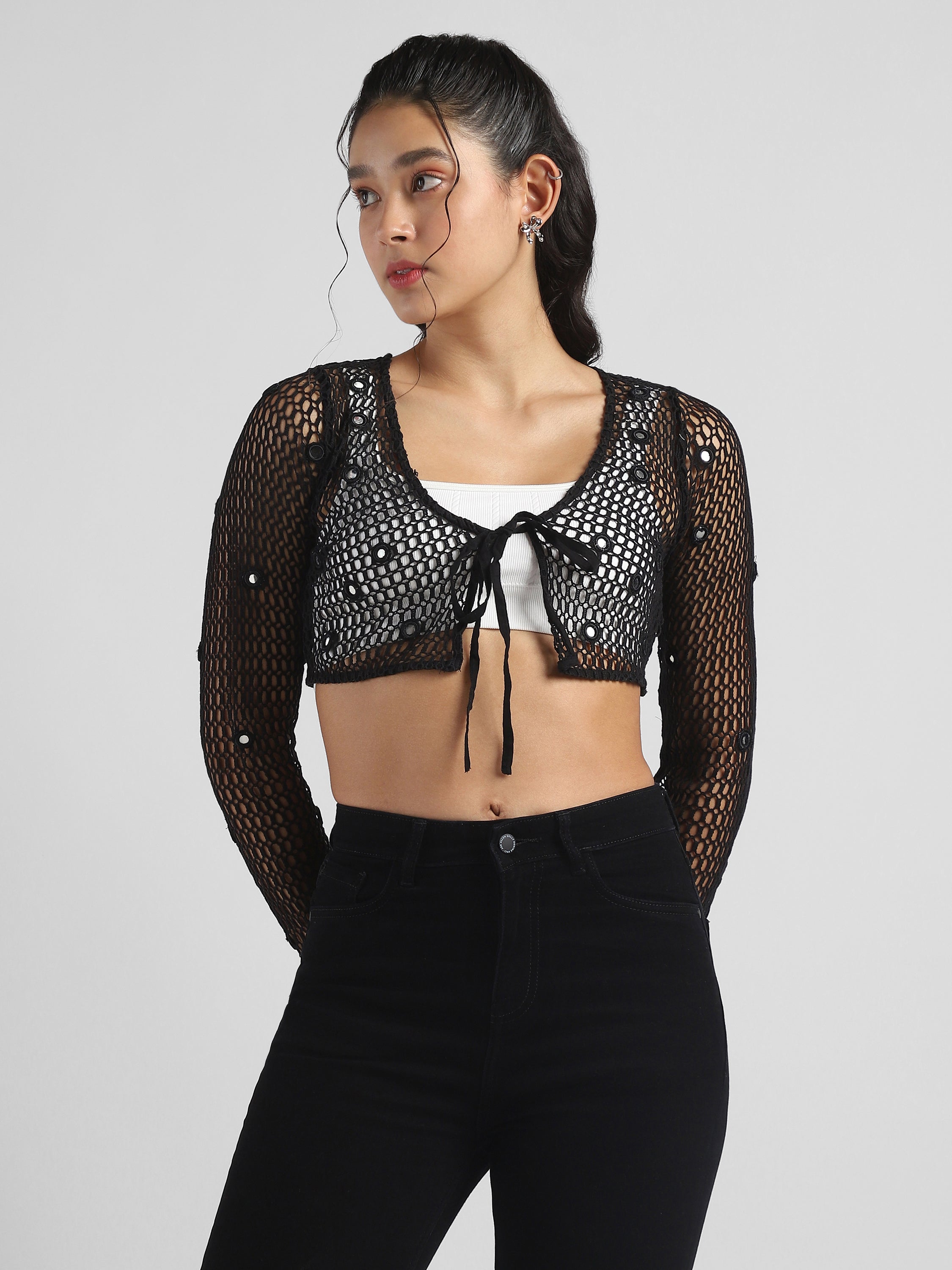 Women Black Crochet Embelished top