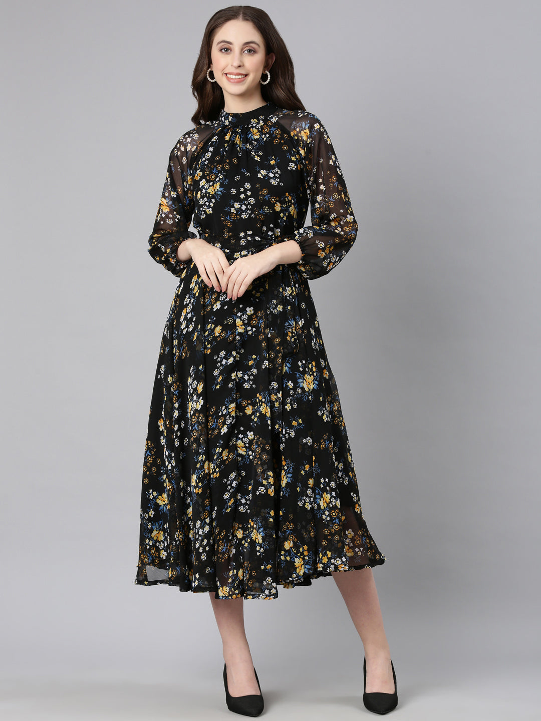 Women Black Floral Chiffon Dress