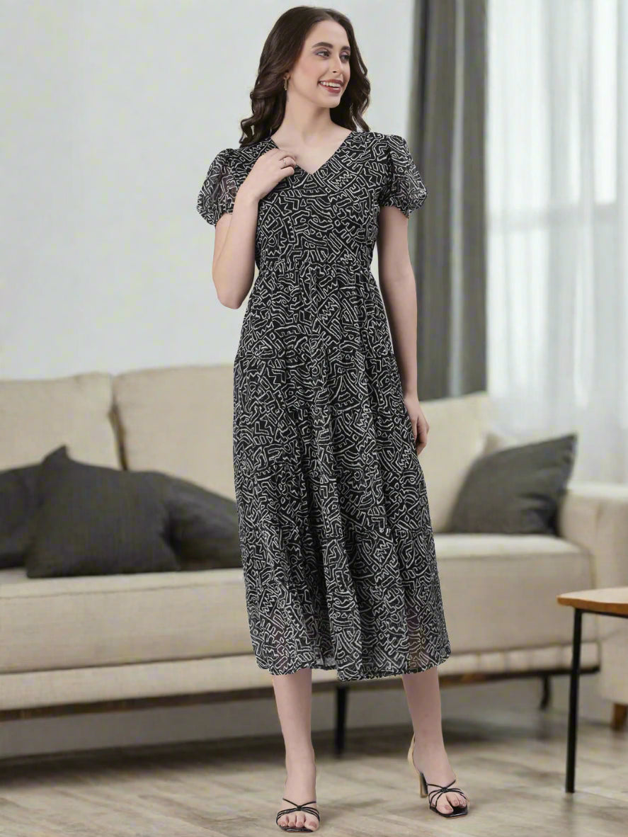 Women Black Floral Chiffon Maxi Dress