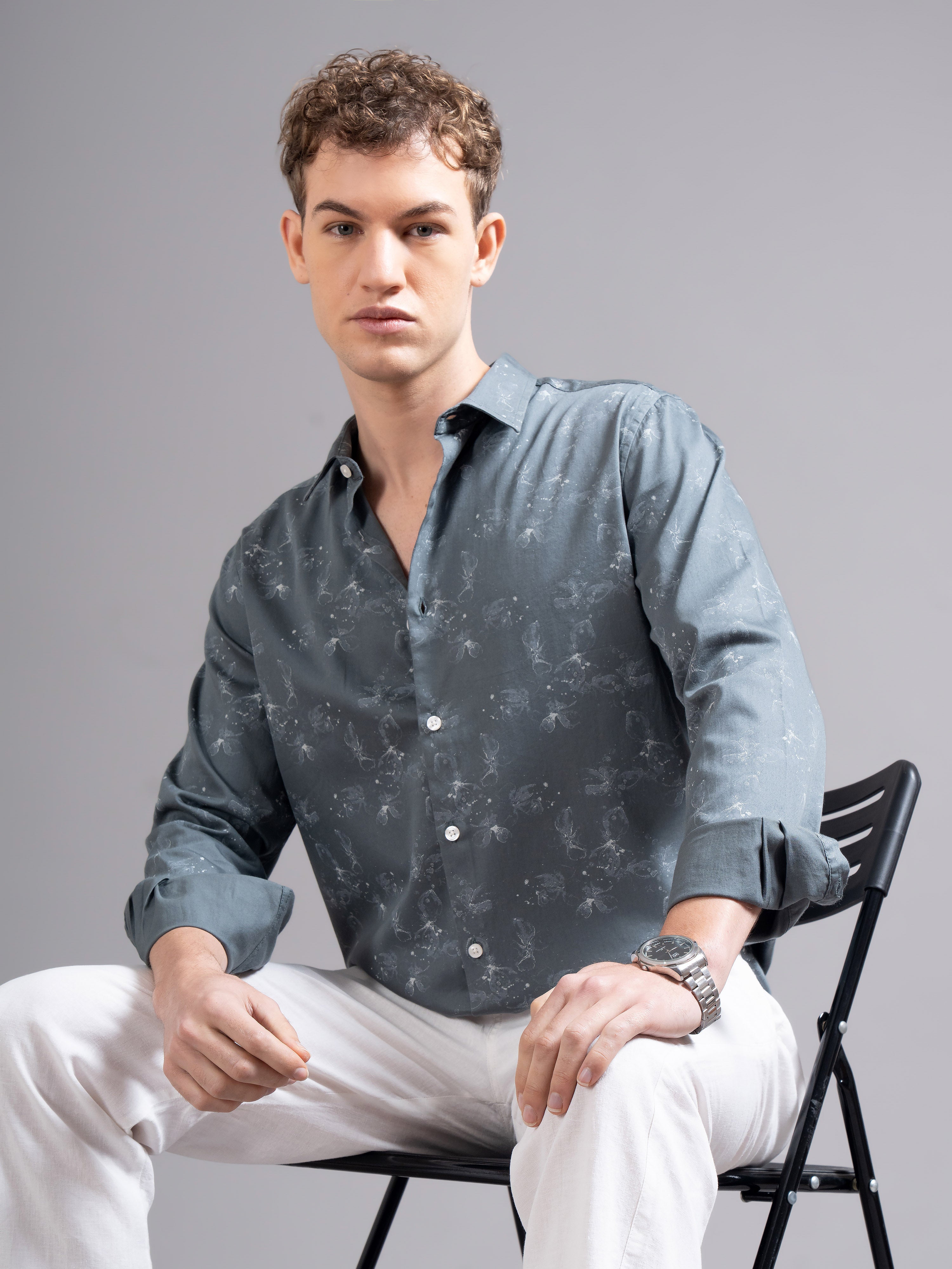 Men Grey Floral Print Shirt
