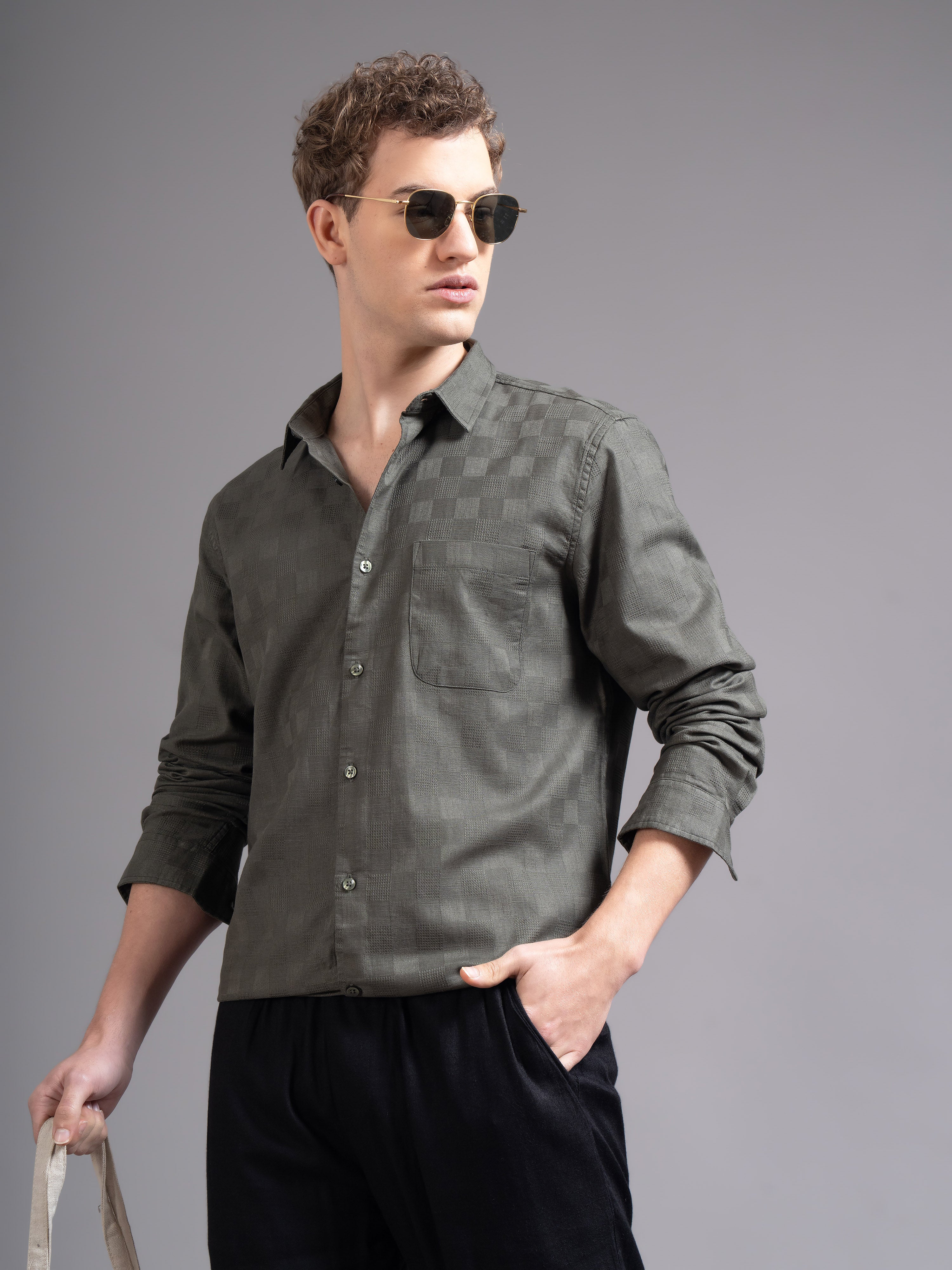 Men Olive Checked Shirt