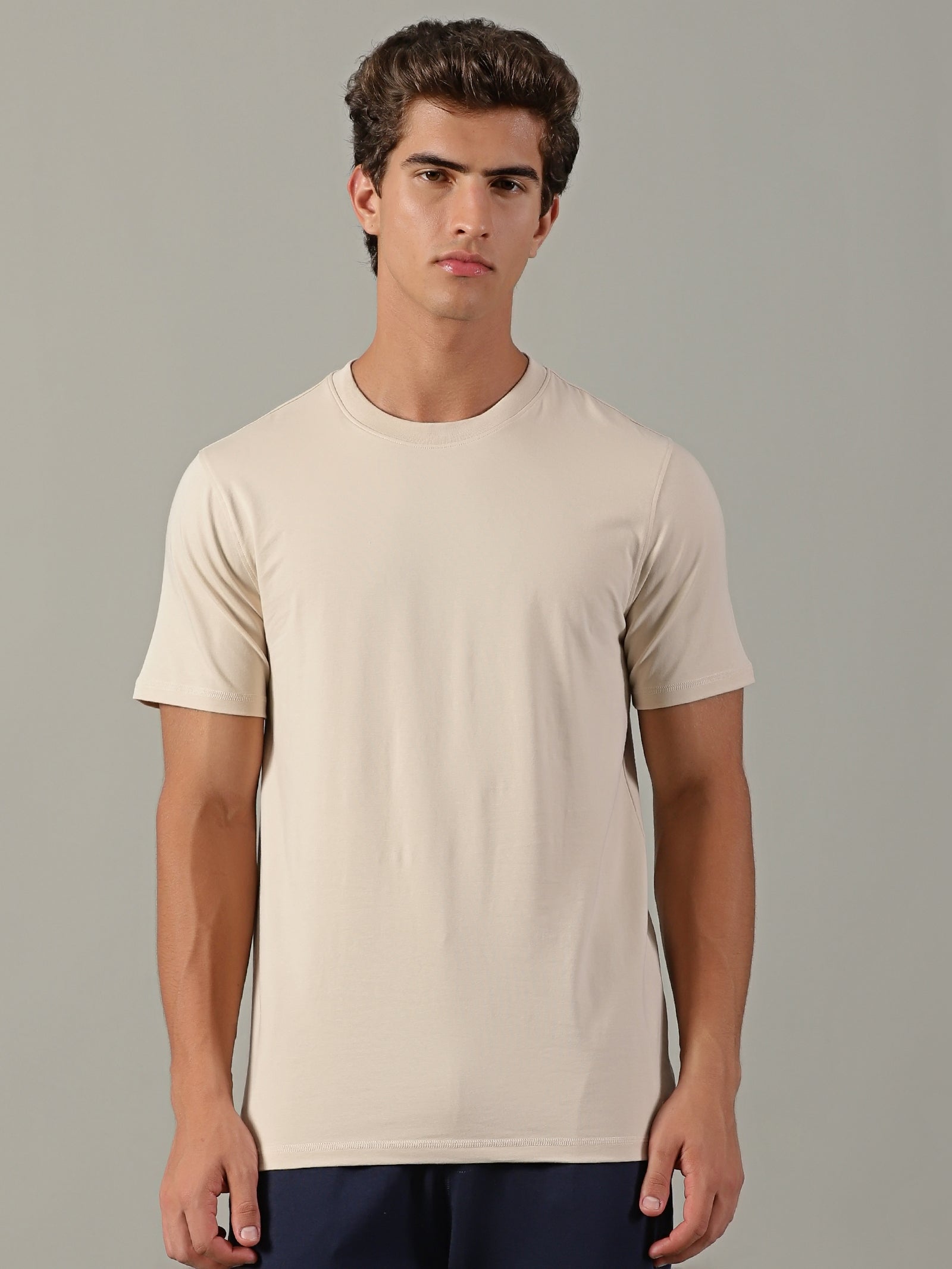 Men Beige Crew Neck T-Shirt