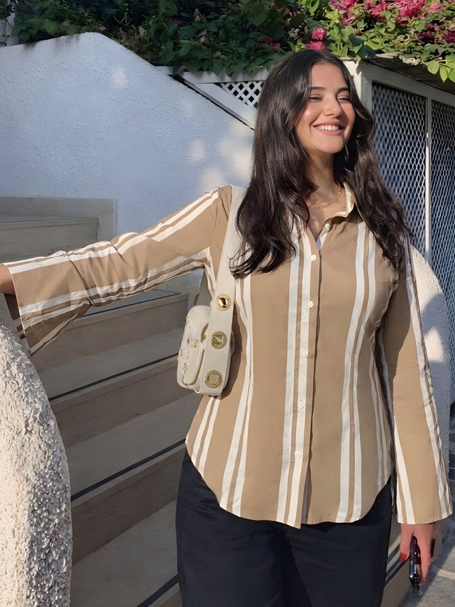Women Beige & White Striped Shirt