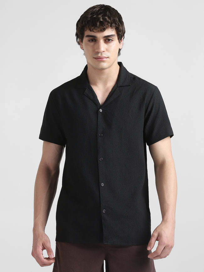 Men Textured Casual Black Shirt