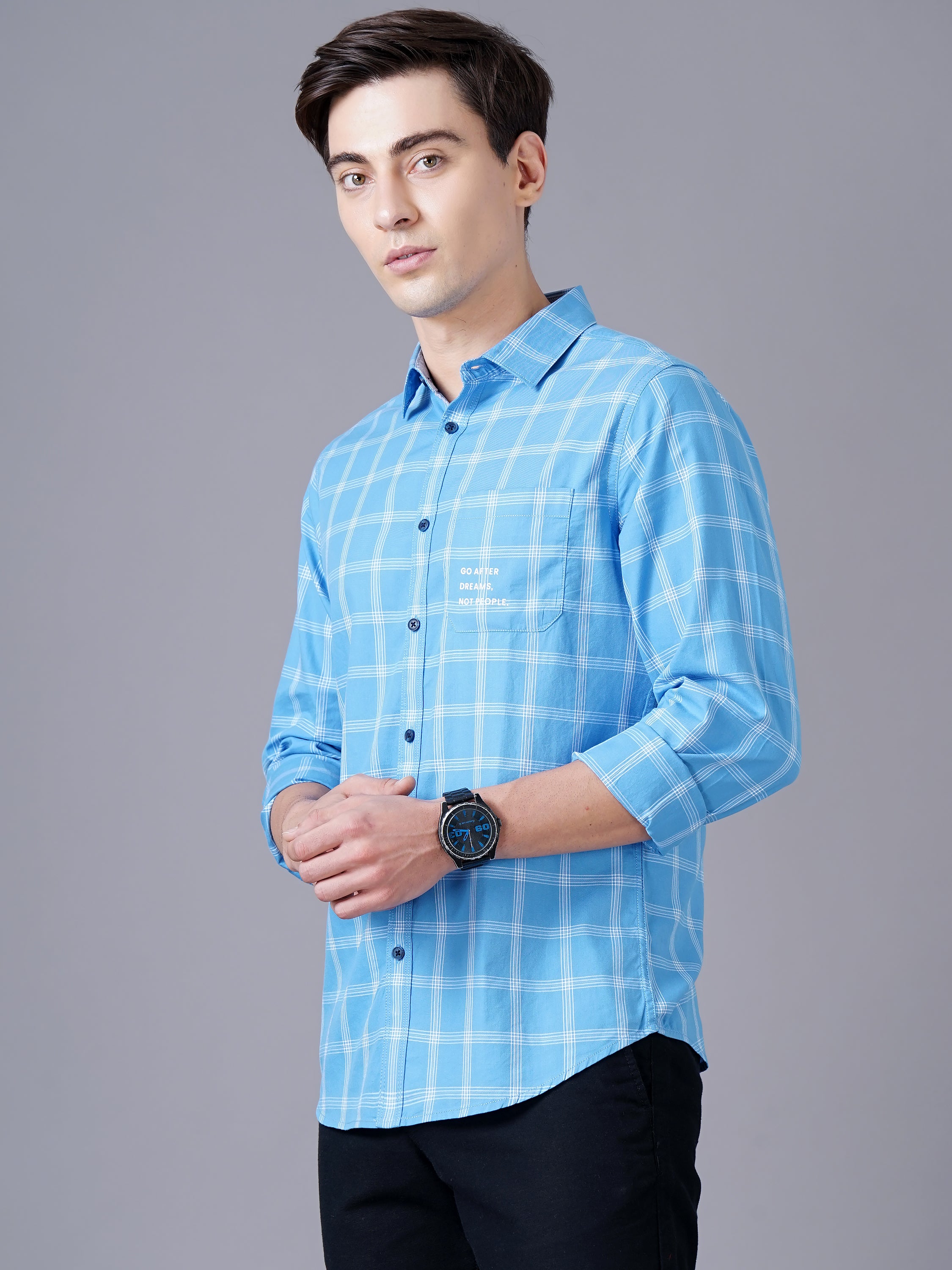 Men Blue Cotton Slim Shirt