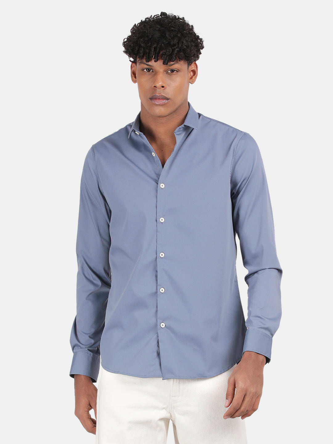 Men Blue Slim Fit Spread Collar Full Sleeve Casual Shirt