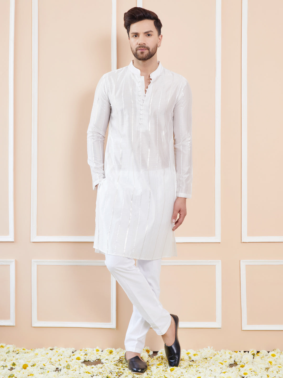 Men Off White Sequins Embroidered Chanderi Silk Kurta