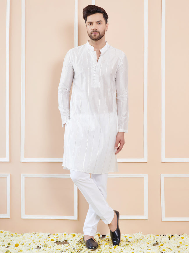 Men Off White Sequins Embroidered Chanderi Silk Kurta