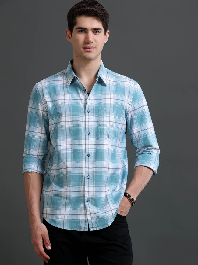 Men Blue Checked Cotton Shirt