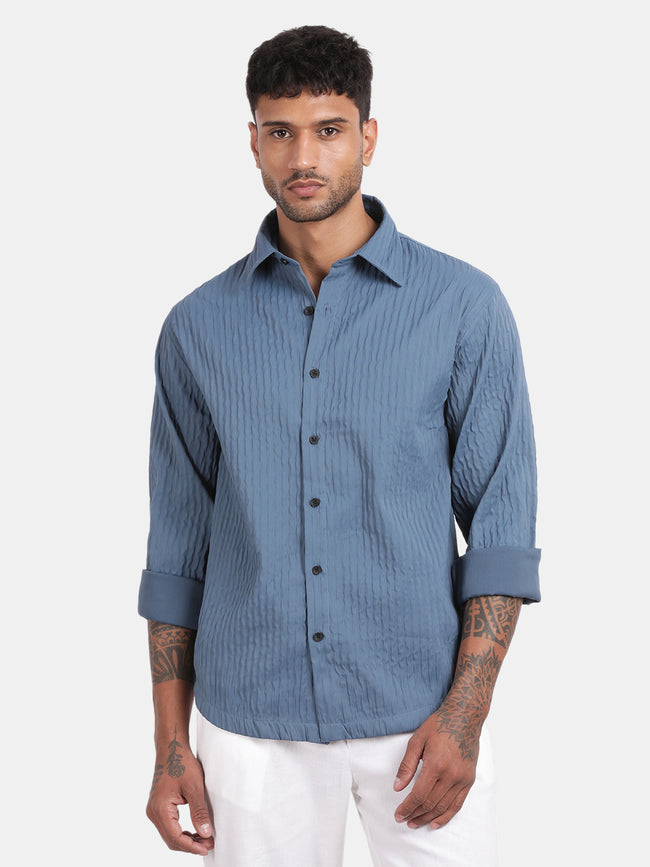 Men Blue Slim Fit Spread Collar Full Sleeve Casual Shirt