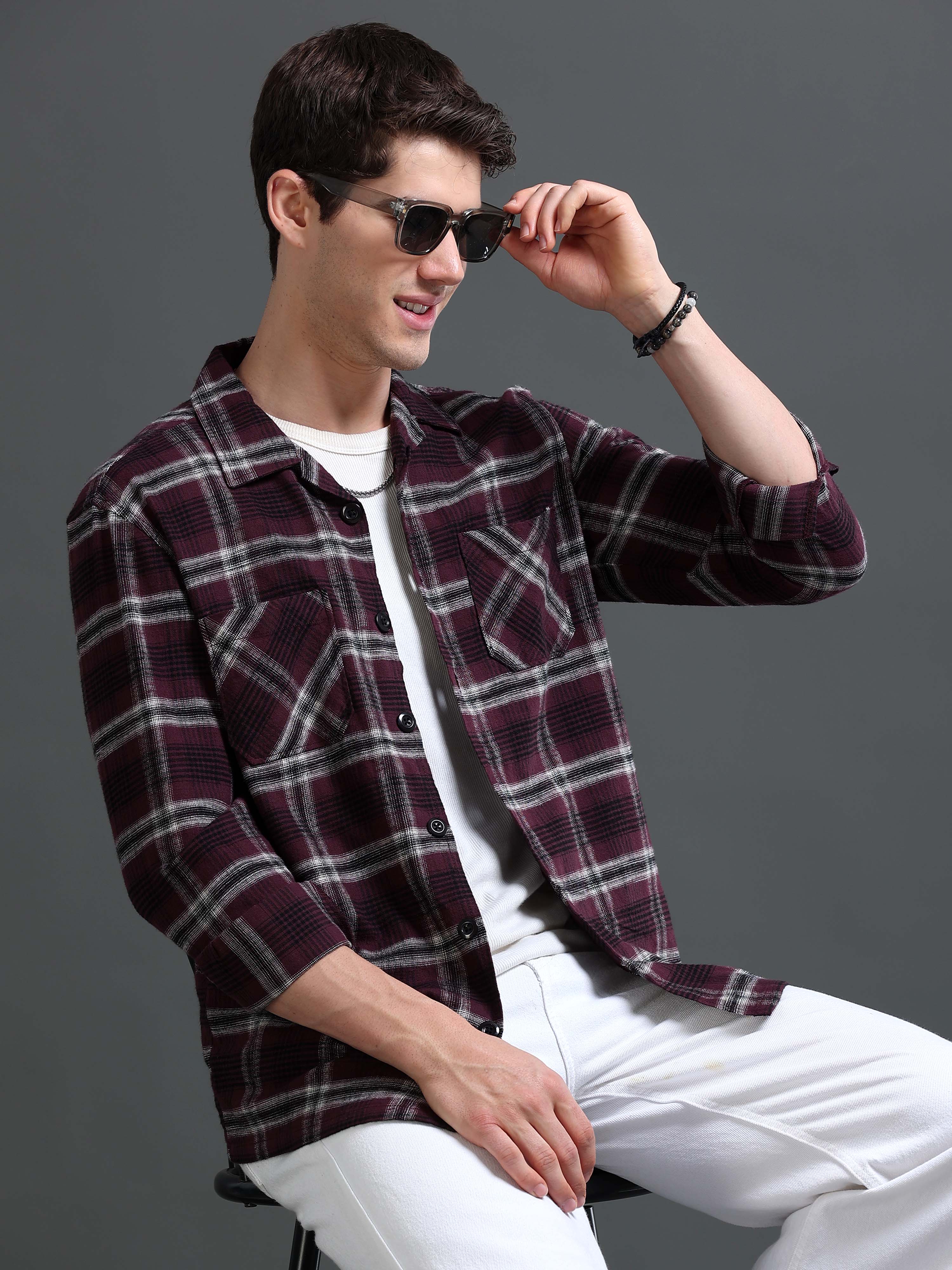 Men Burgundy Flannel Checked Shirt