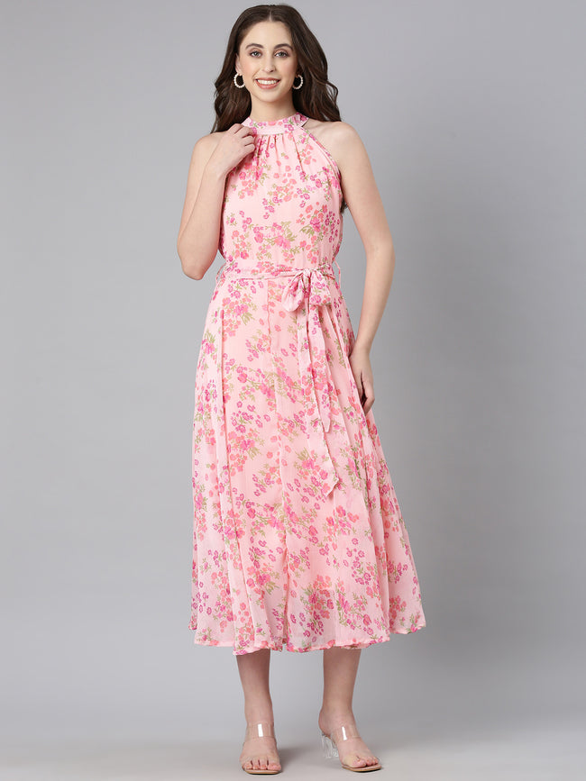 Women Pink Floral Chiffon Dress