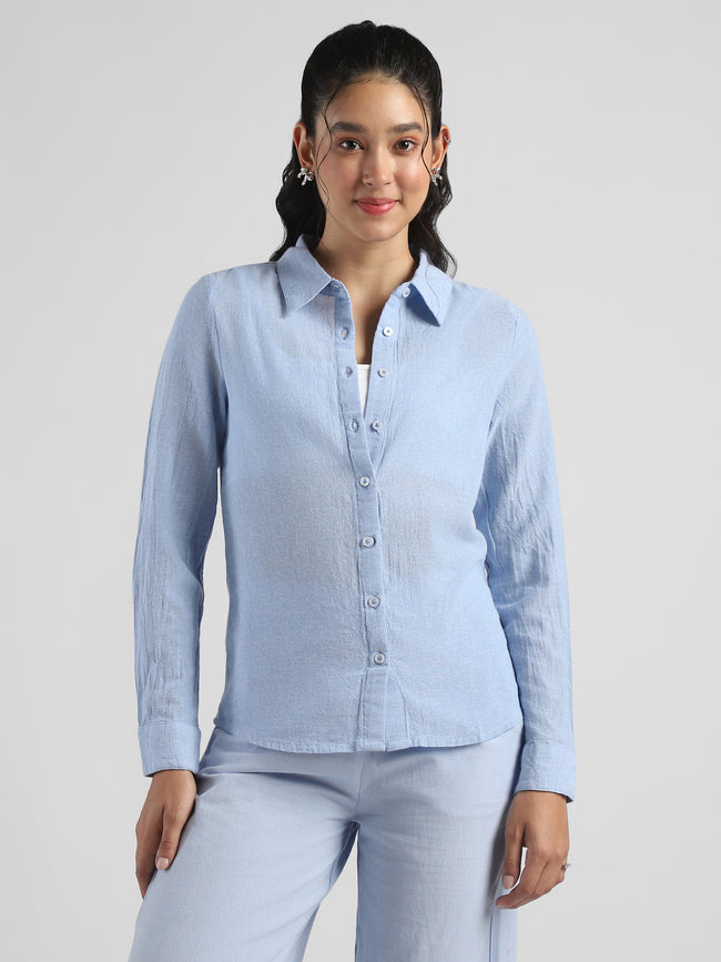 Women Blue Textured Regular Fit Shirt