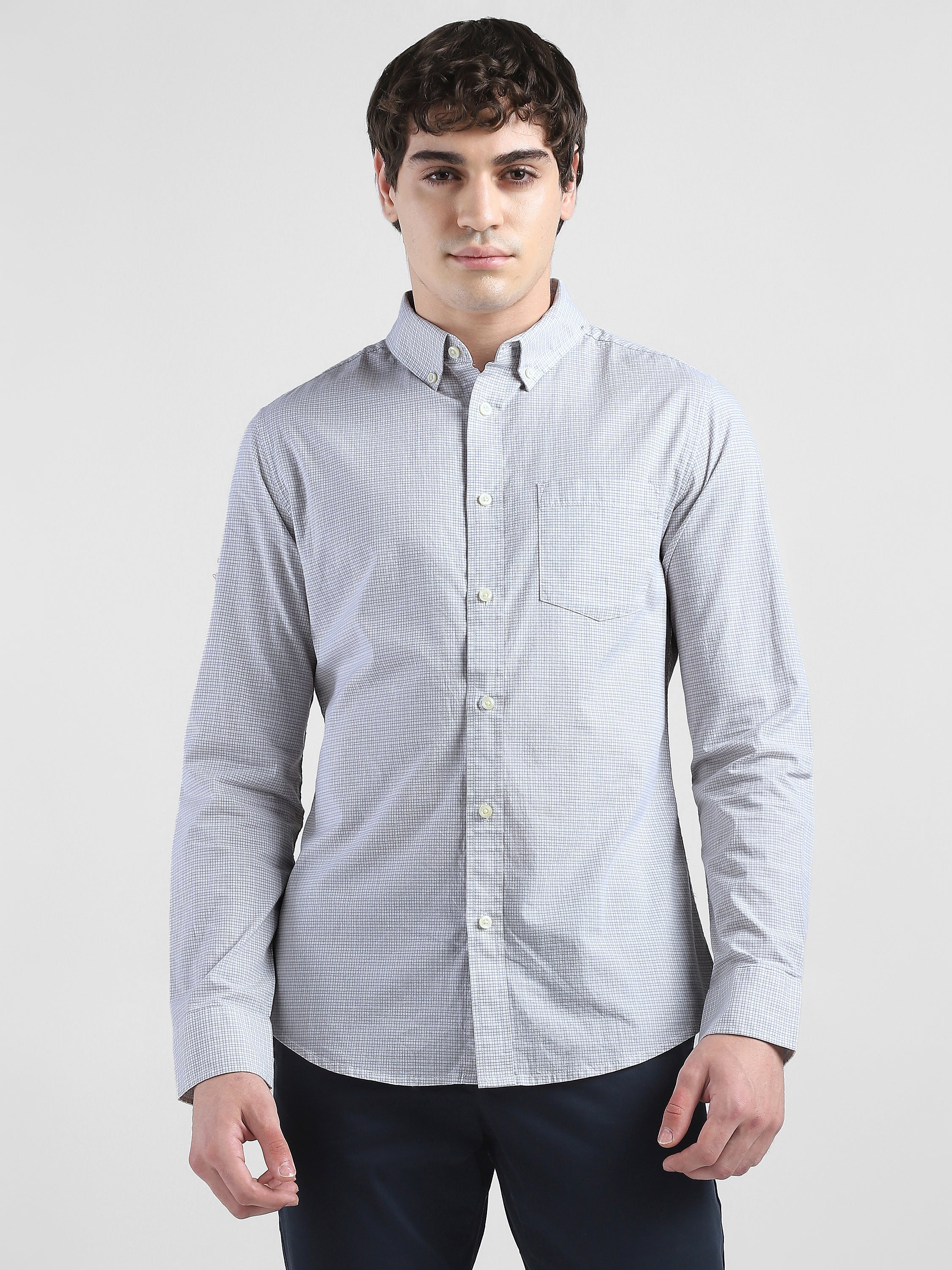 Men Light Grey Checked Regular Fit Shirt
