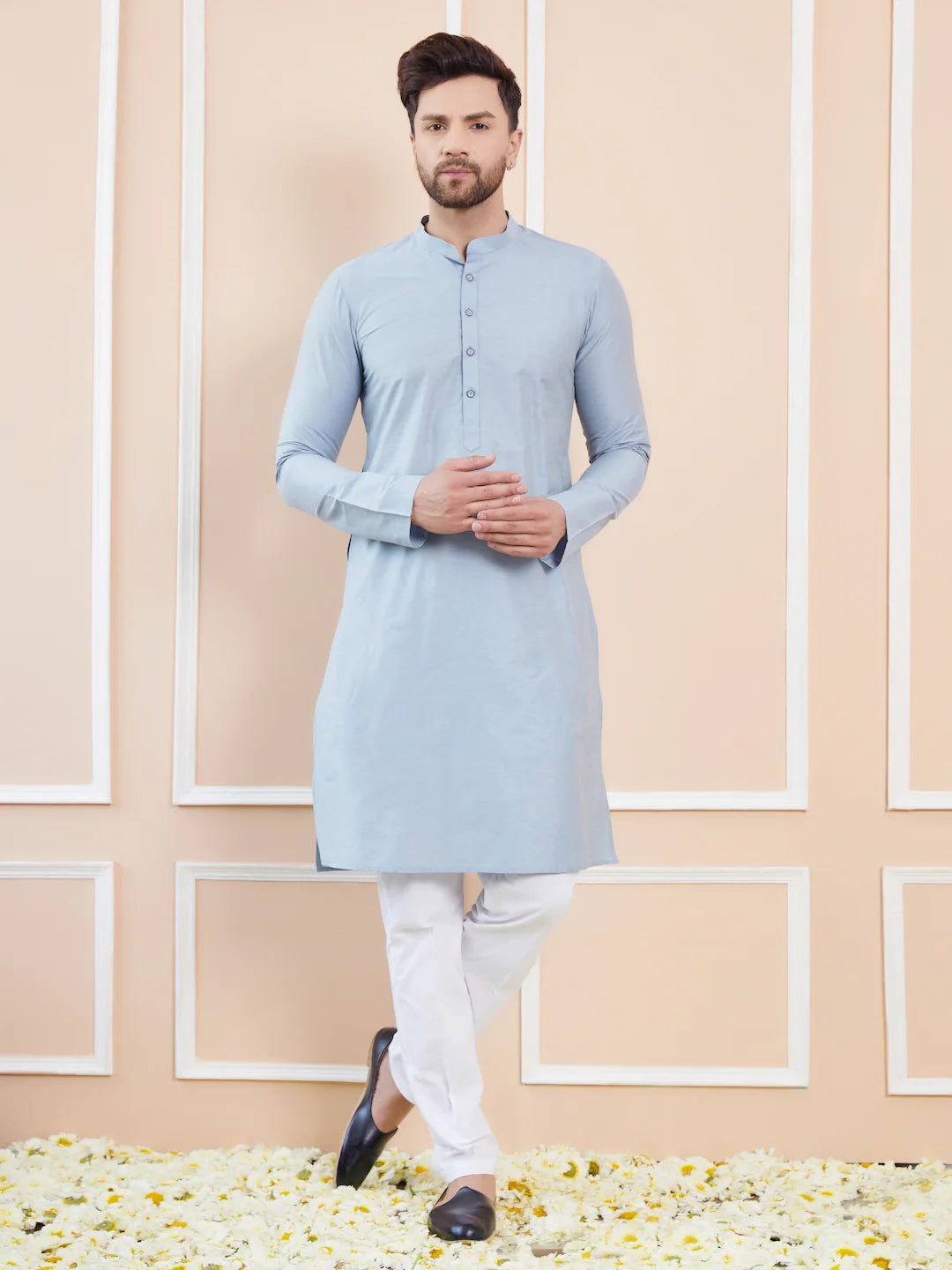 Men Blue Cotton Solid Straight Kurta