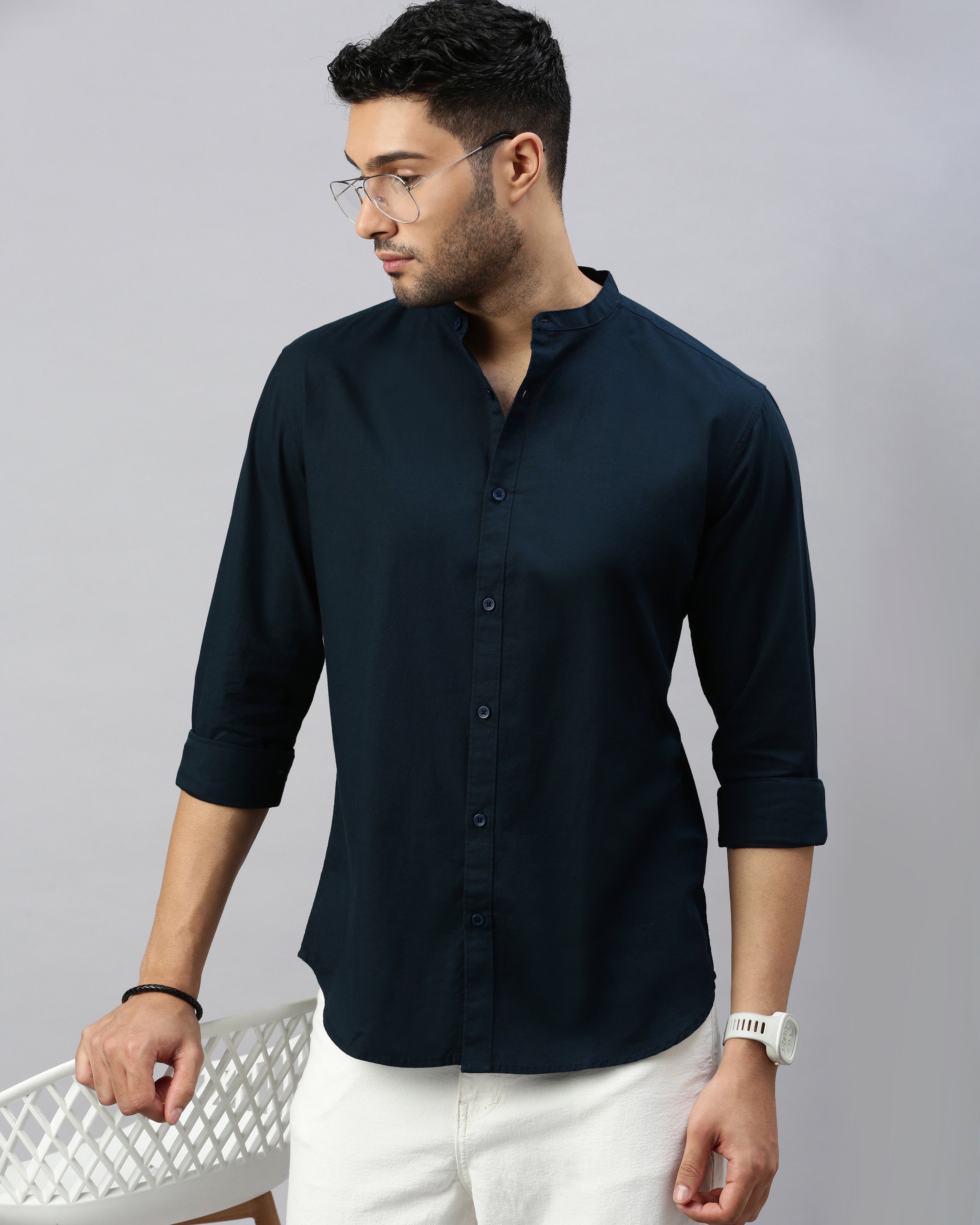 Men Navy Blue Cotton Slim Shirt