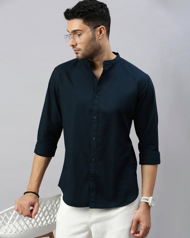 Men Navy Blue Cotton Slim Shirt