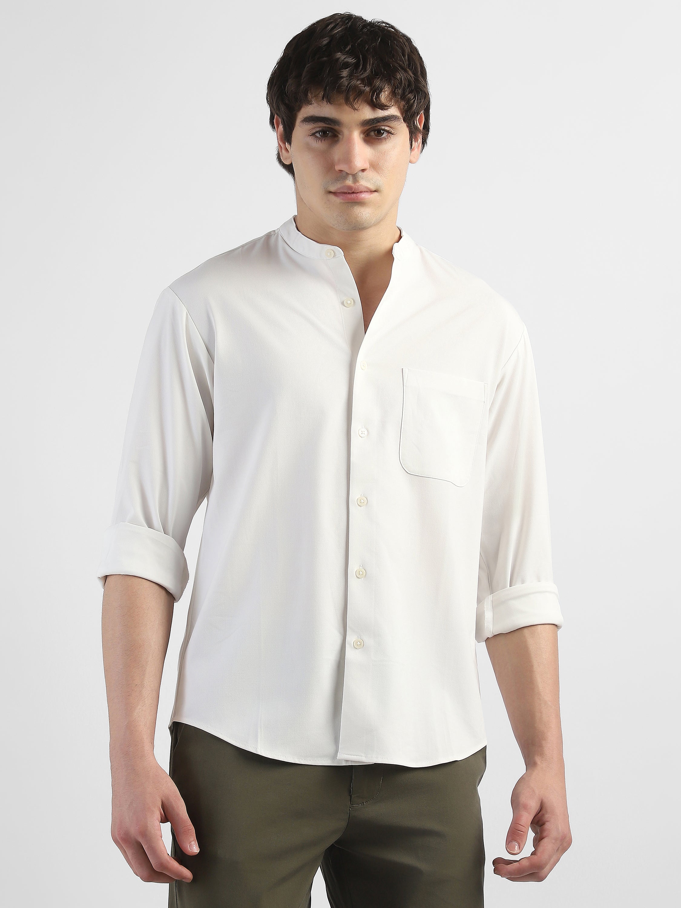 Men White Mandarin Collar Regular Fit Shirt