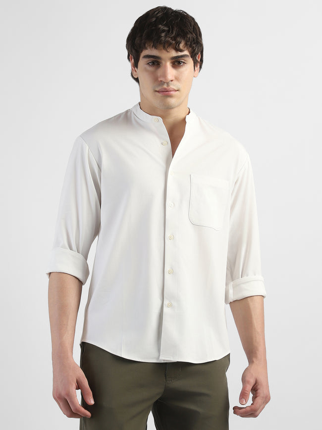 Men White Mandarin Collar Regular Fit Shirt