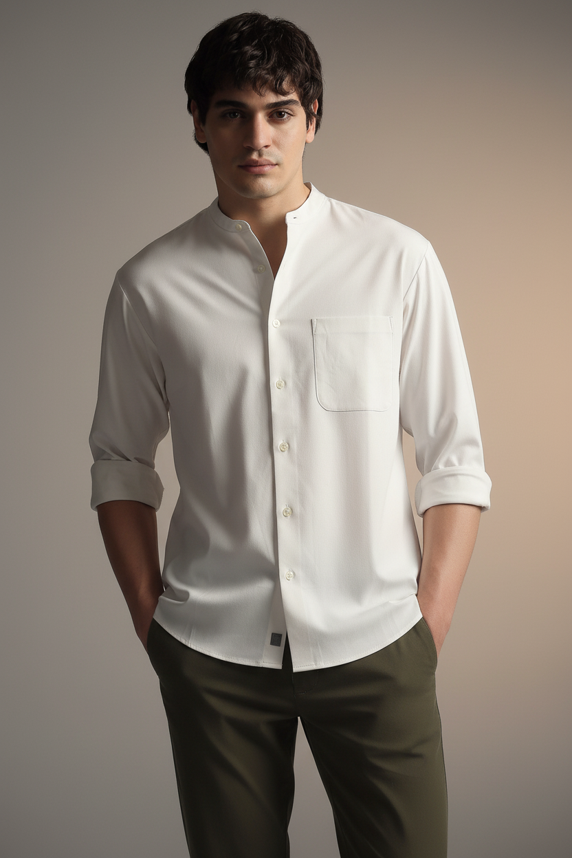 Men White Mandarin Collar Regular Fit Shirt