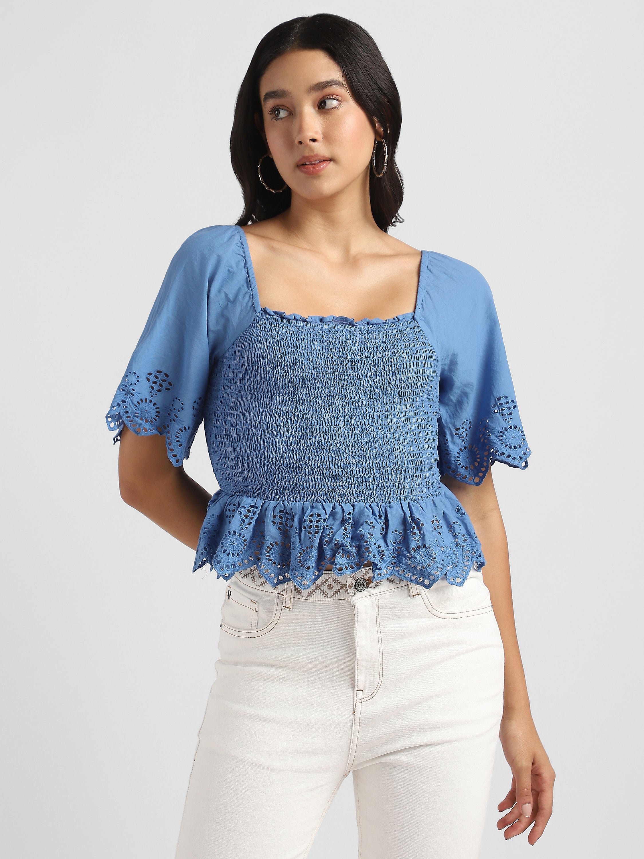 Women Blue Smocked Shiffli Crop Top