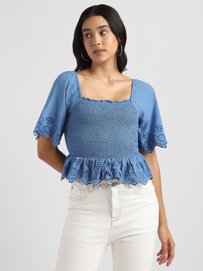 Women Blue Smocked Shiffli Crop Top