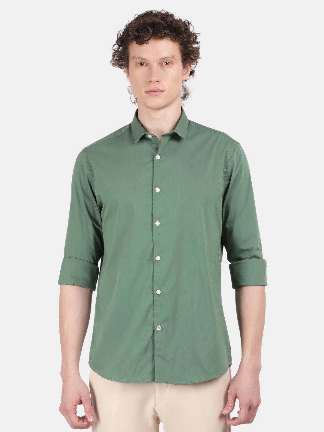 Men Green Slim Fit Spread Collar Full Sleeve Casual Shirt