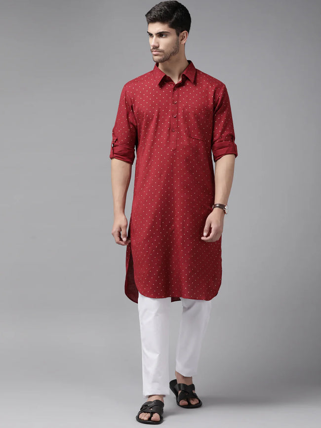 Men Maroon Regular Pure Cotton Pathani Printed Men'S Kurta