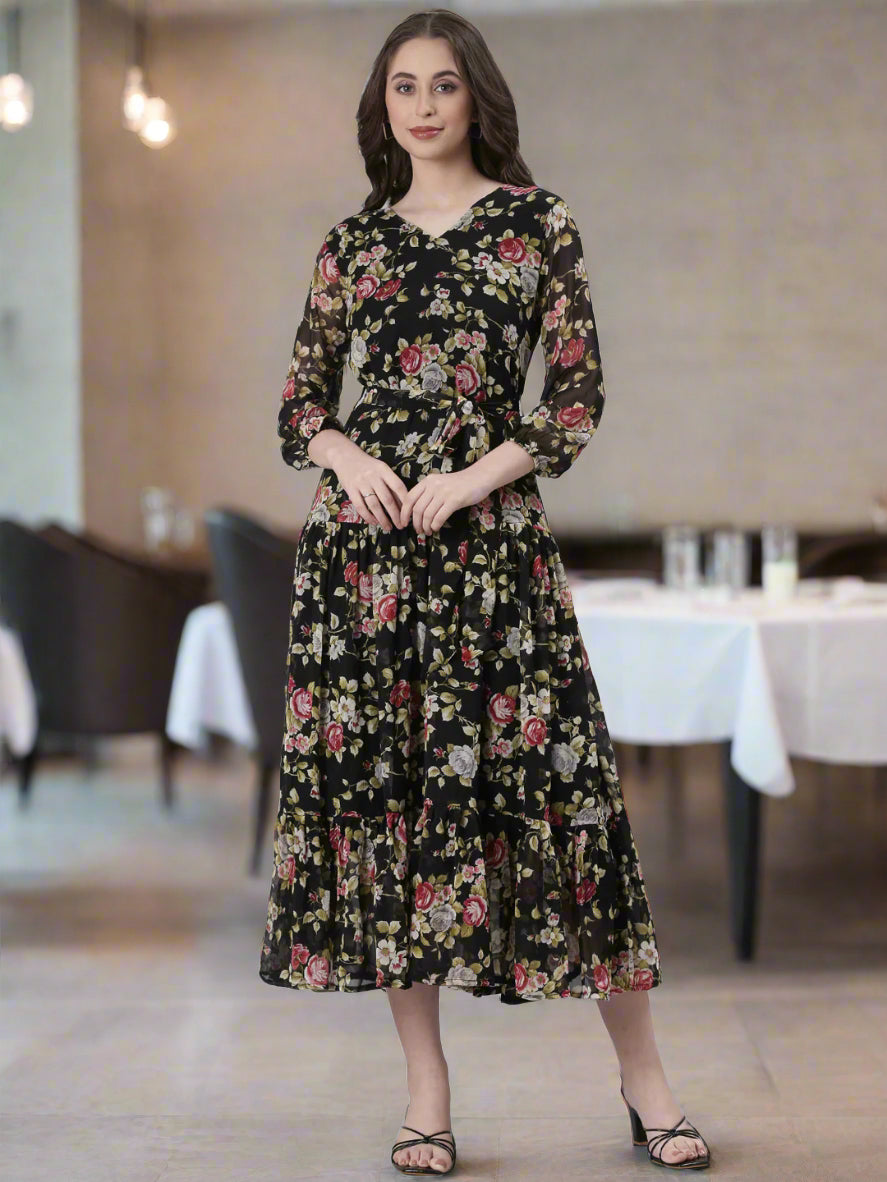 Women Black Floral Chiffon Dress