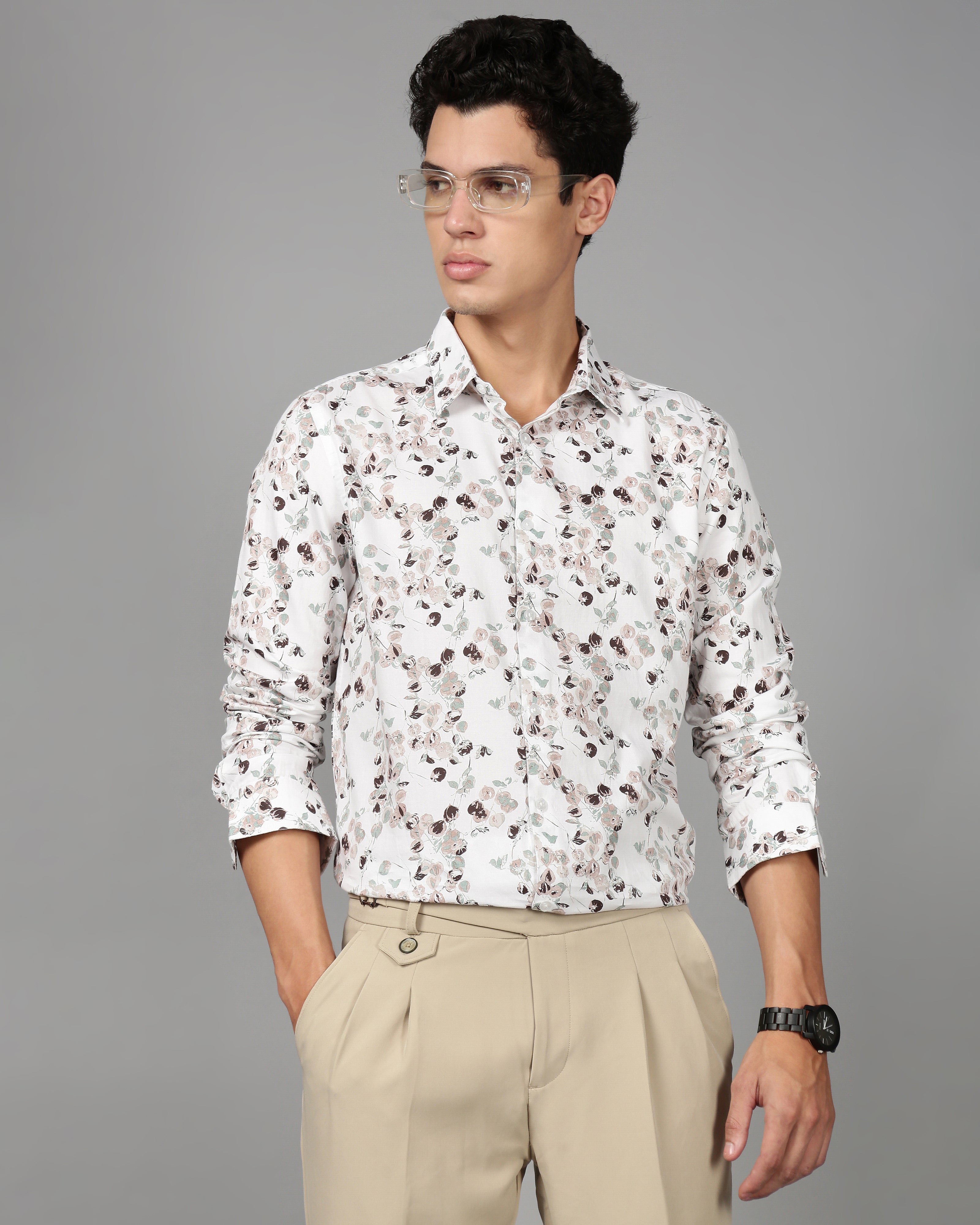 Men White Floral Print Shirt