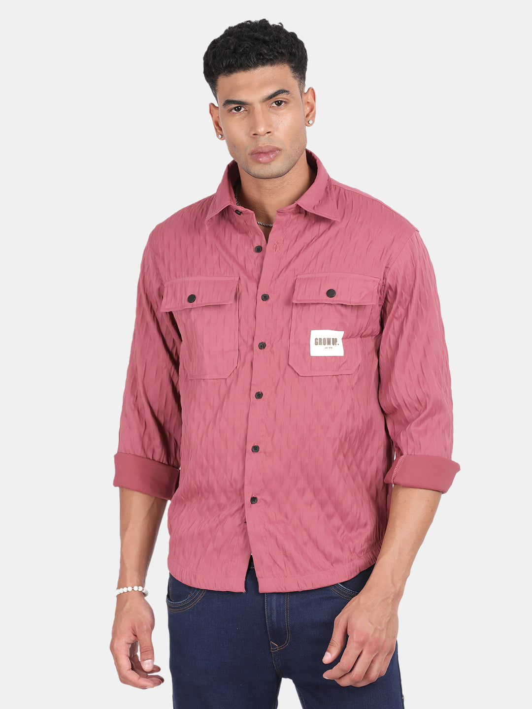 Men Pink Slim Fit Spread Collar Full Sleeve Casual Shirt
