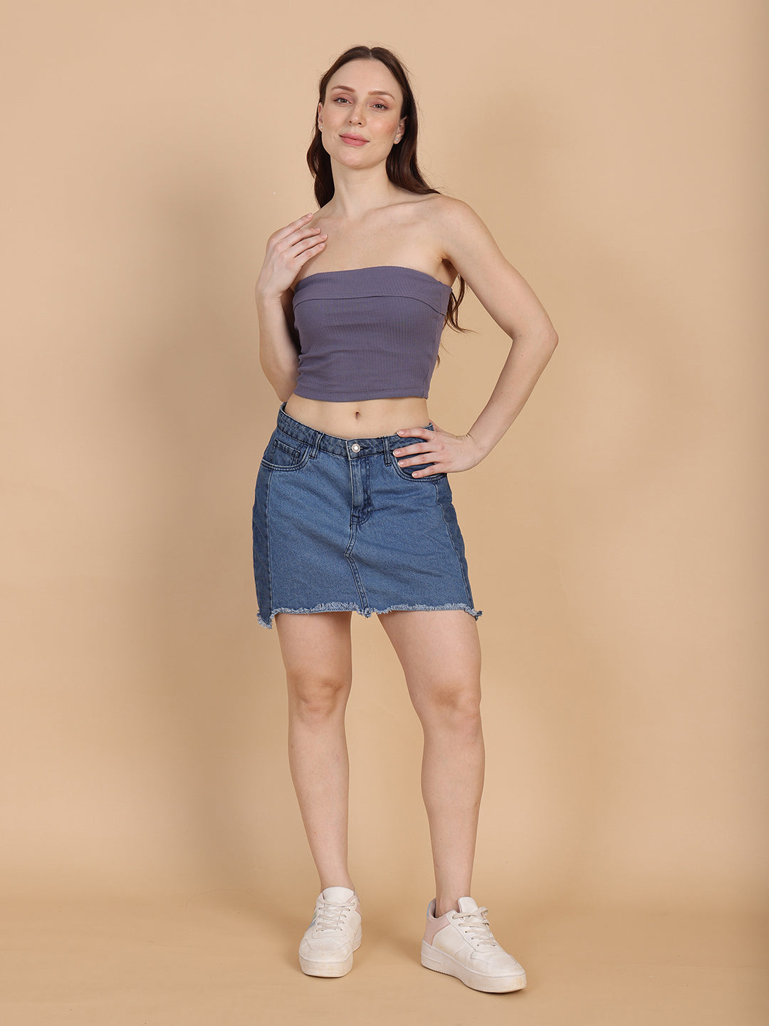 Women Blue Over Fold Tube Top