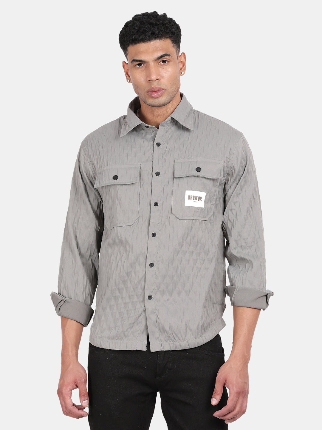 Men Grey Slim Fit Spread Collar Full Sleeve Casual Shirt
