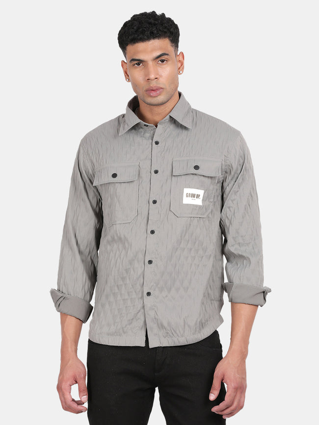 Men Grey Slim Fit Spread Collar Full Sleeve Casual Shirt