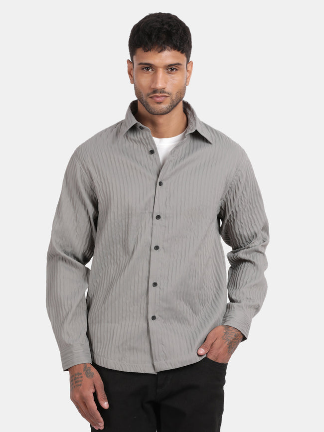 Men Grey Slim Fit Spread Collar Full Sleeve Casual Shirt