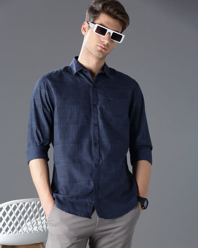 Men Blue Cotton Slim Shirt