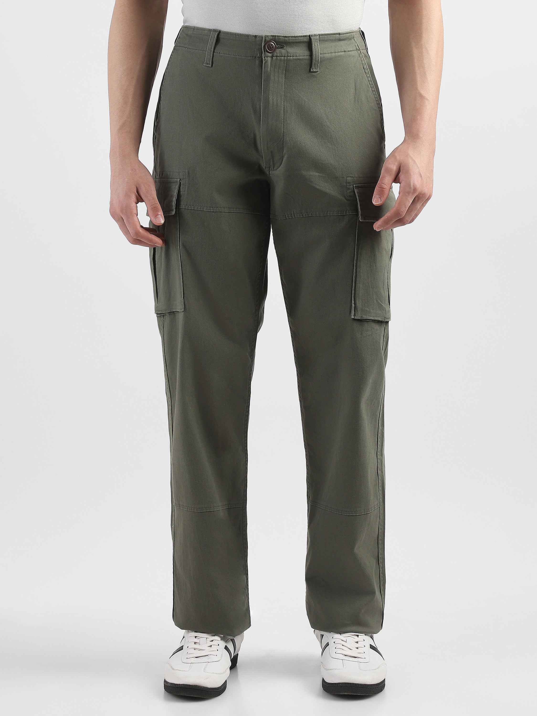 Men Olive Cotton Mid Rise Cargo Pants