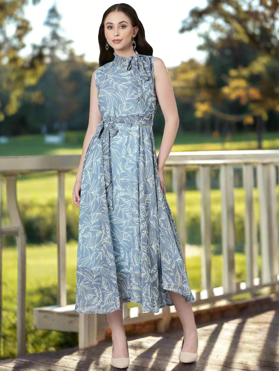 Women Grey Floral Chiffon Maxi Dress