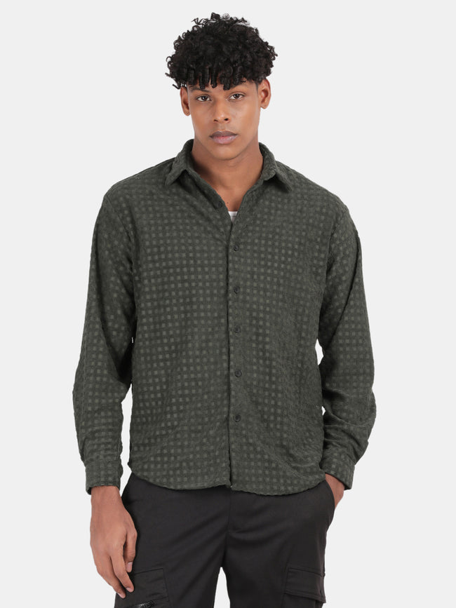 Men Green Slim Fit Spread Collar Full Sleeve Casual Shirt