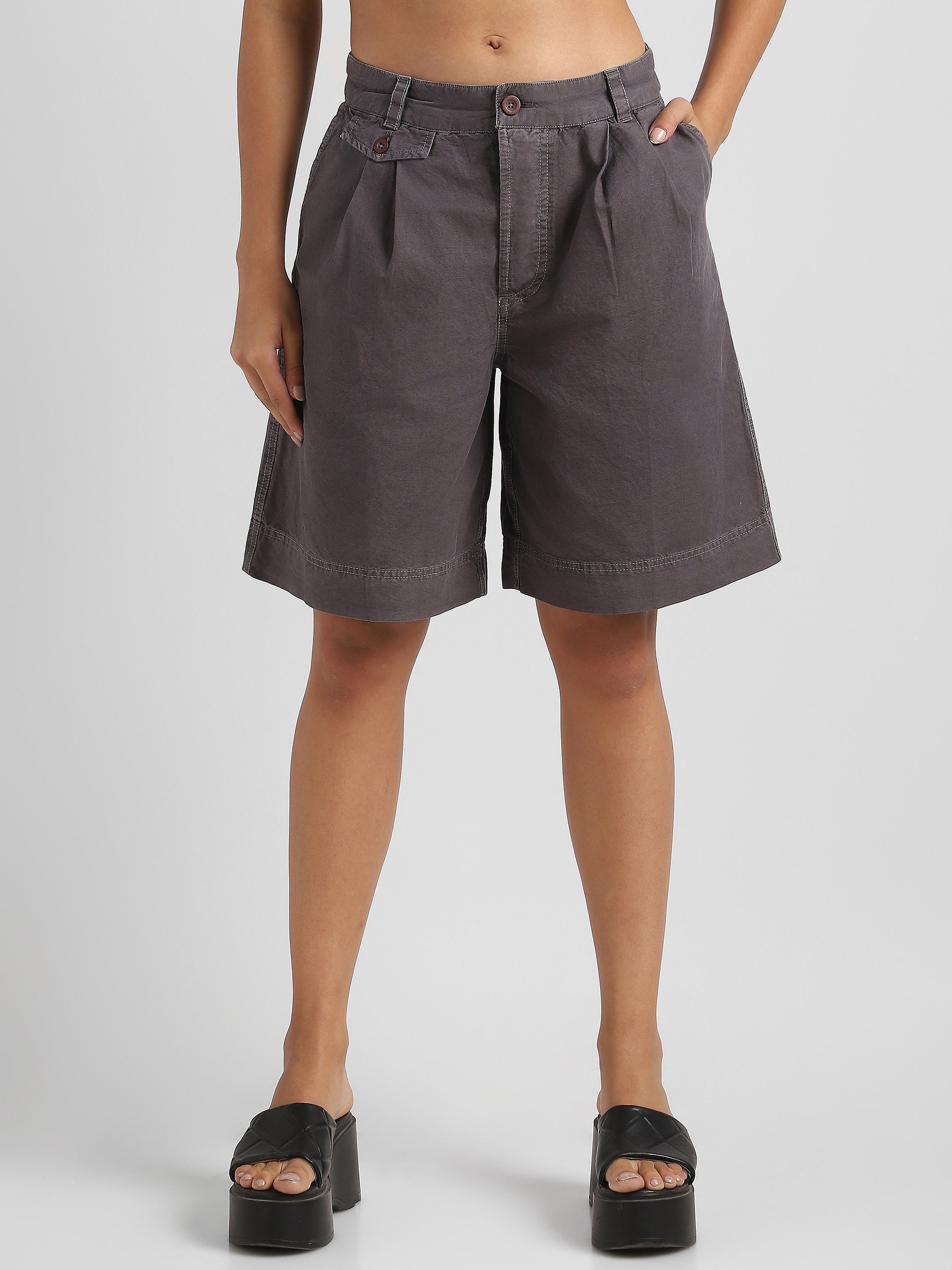 Women Grey Regular Fit High Waist shorts