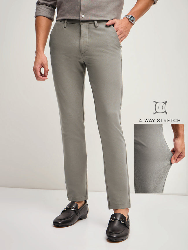 Men Grey Solid 4 Way Stretch Formal Trouser