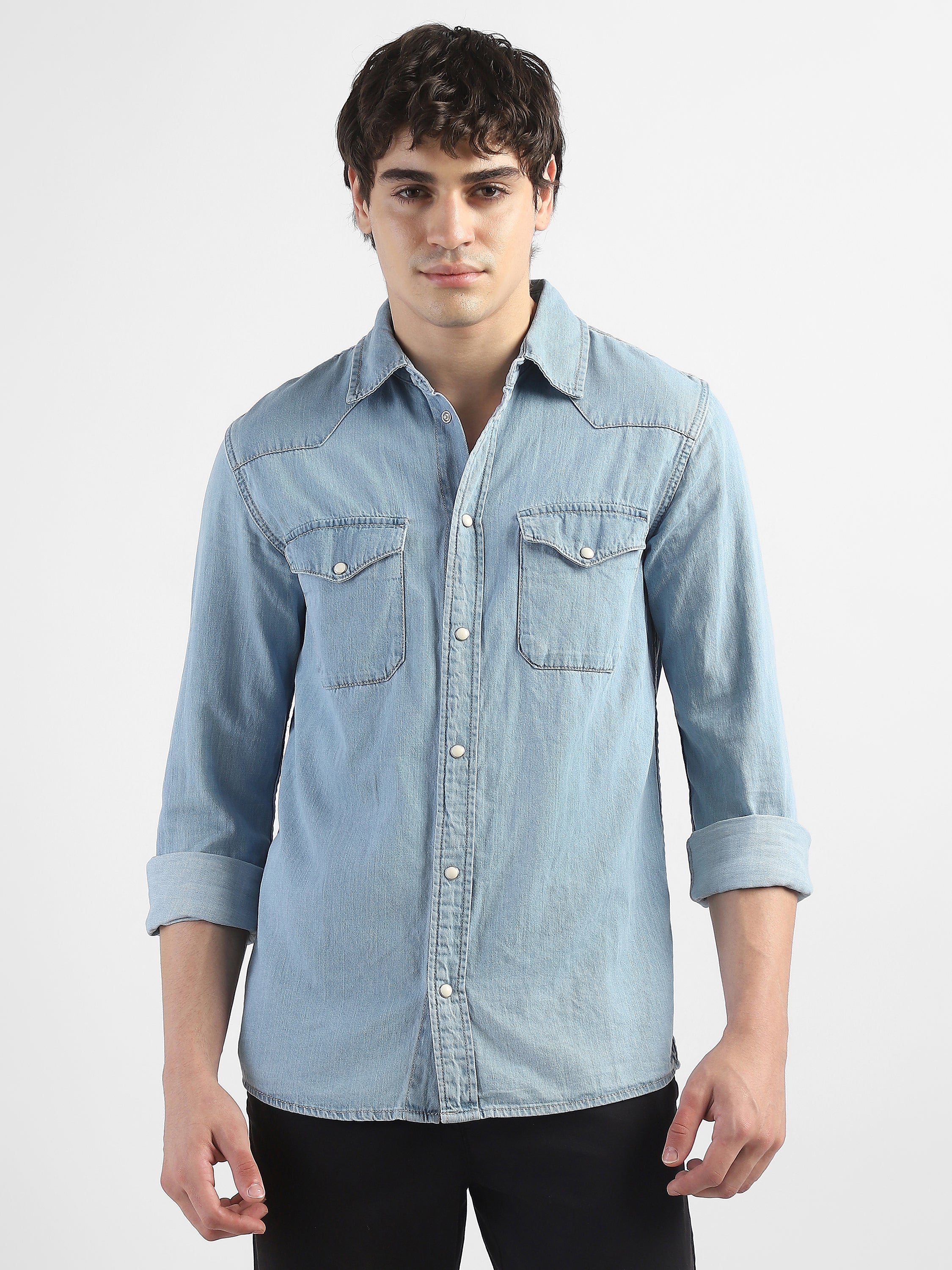 Men Denim Blue Regular Fit Shirt with Two Pockets