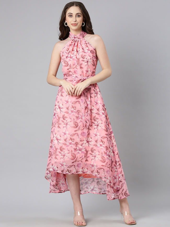 Women Peach Floral Chiffon Dress