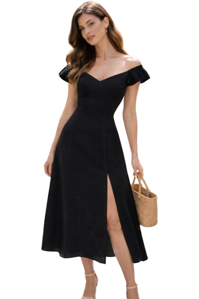 Women Black Flared Midi Dress