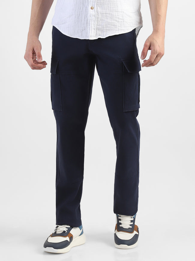 Men Navy Cotton Mid Rise Cargo Pants