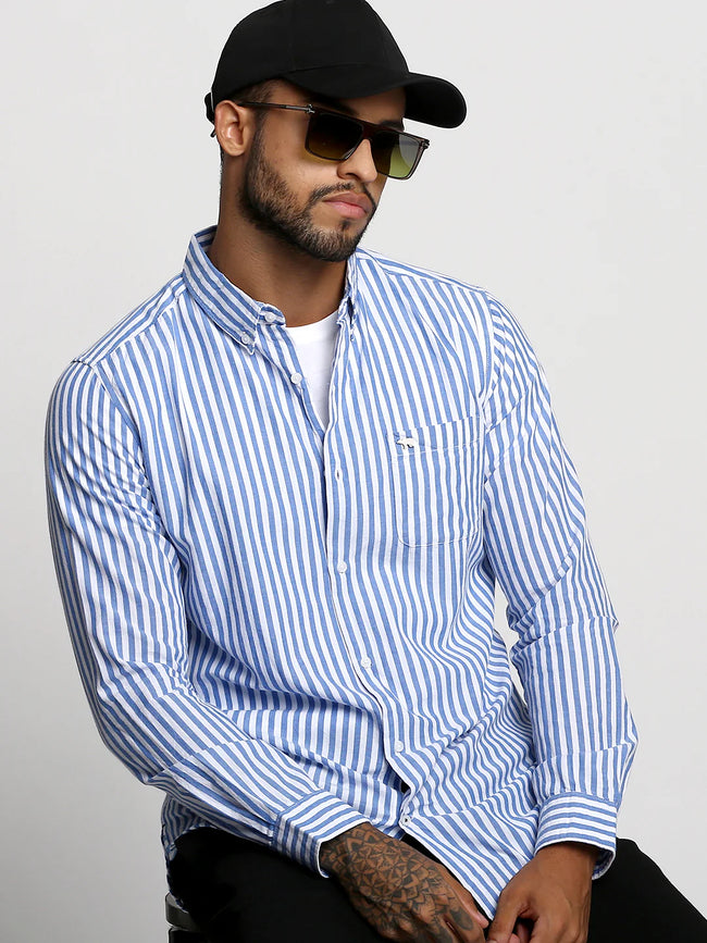 Men Blue Striped Casual Shirt