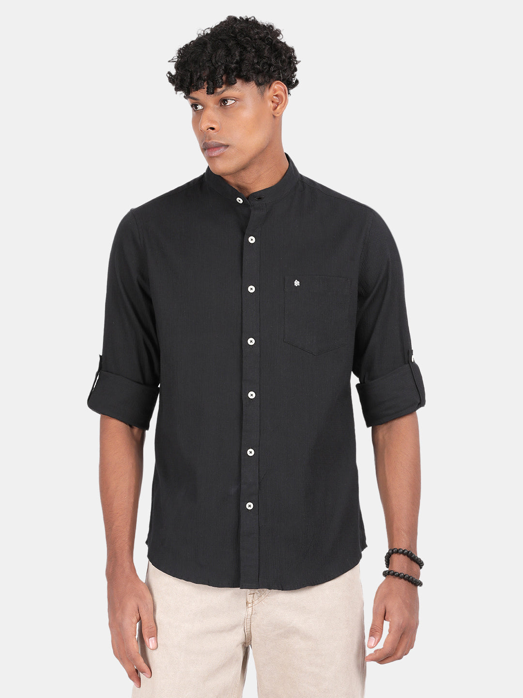 Men Charcoal Slim Fit Mandarin Collar Full Sleeve Casual Shirt