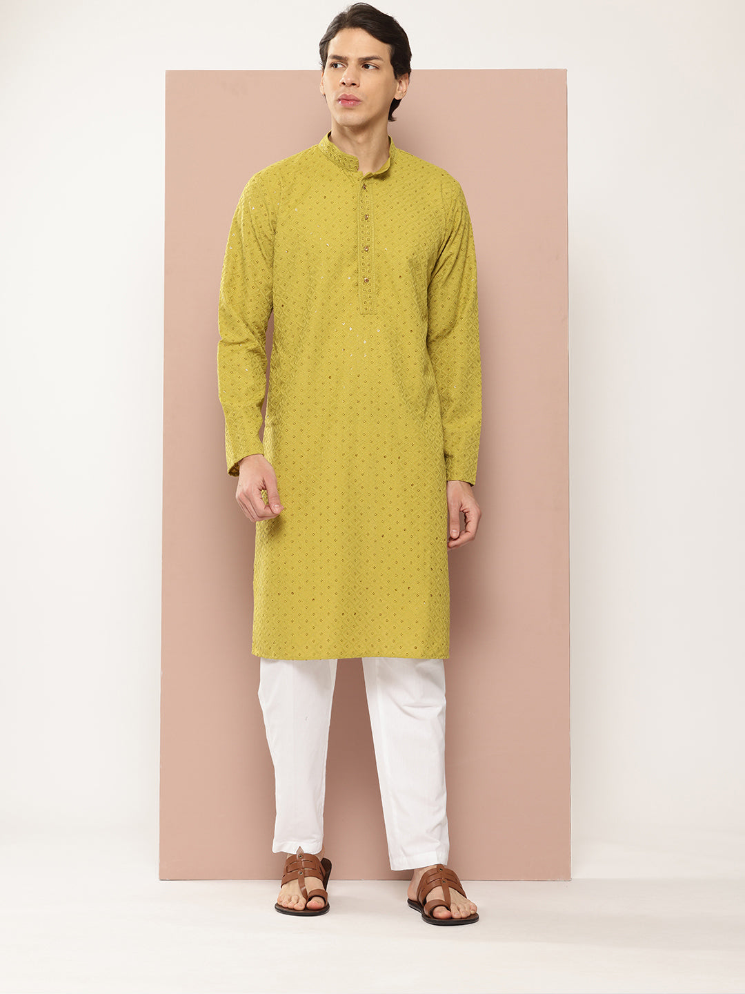 Men Lime Green Embroidered Sequined Rayon Kurta