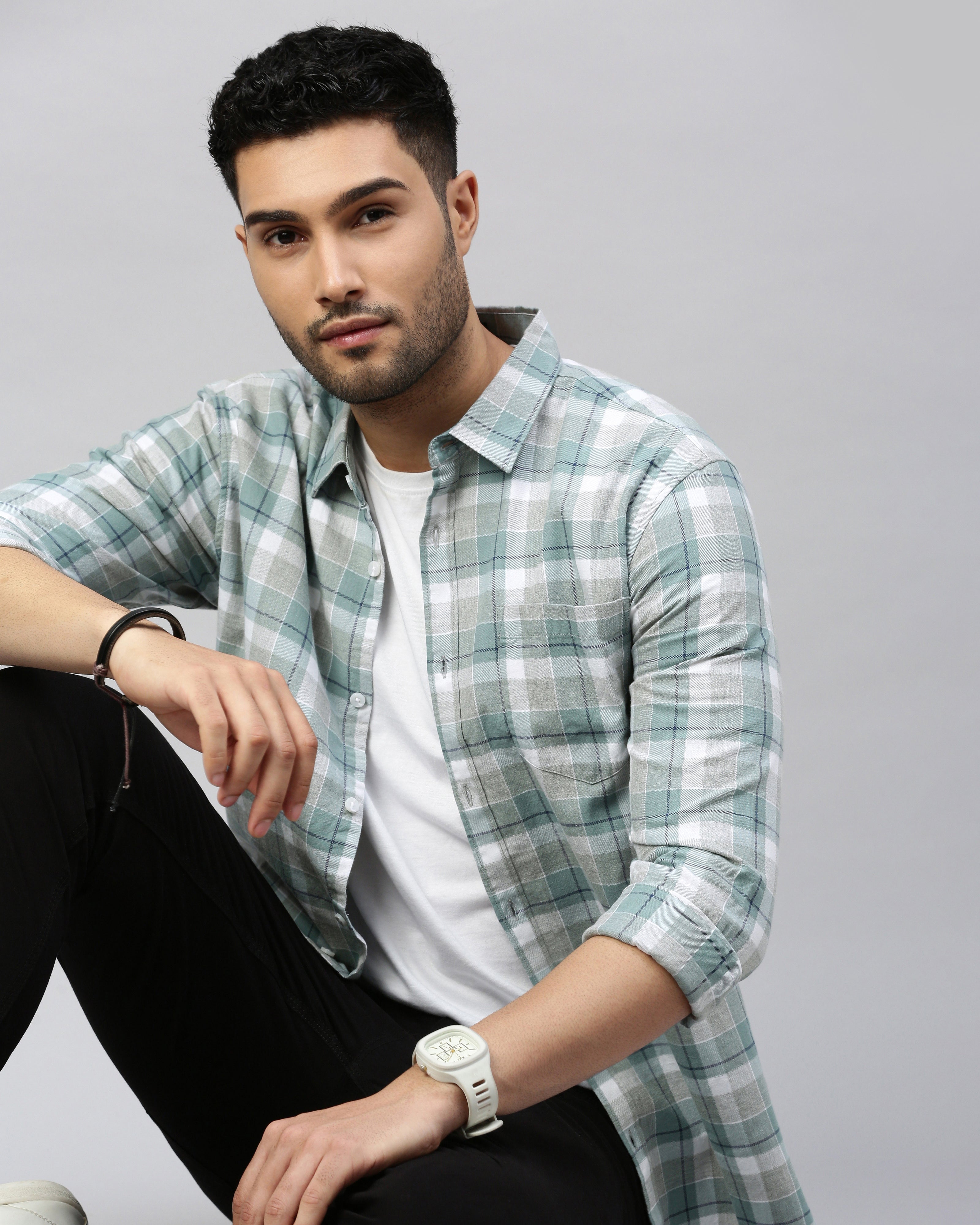 Men Green Cotton Slim Shirt
